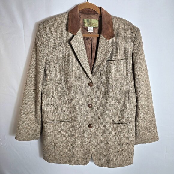 JL Colebrook Mens Blazer Sz L Tan Herringbone Wool Leather Buttons Velvet Collar - Picture 1 of 10